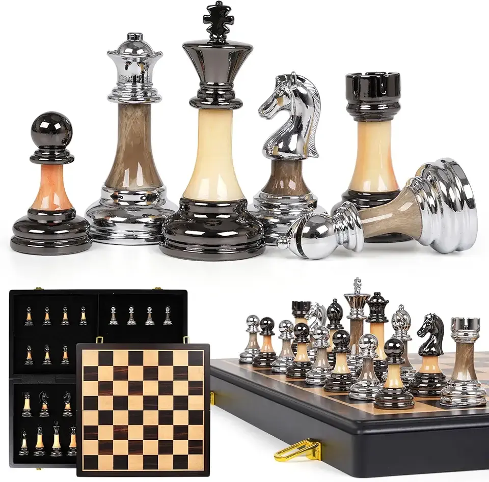 Luxury Large Metal & Acrylic Chess Set with Wooden Chess Board (17”) – Weighted Chess Pieces with 3.5” King, Foldable Tournament Chess Set for Adults & Kids, Professional Chess Game Set