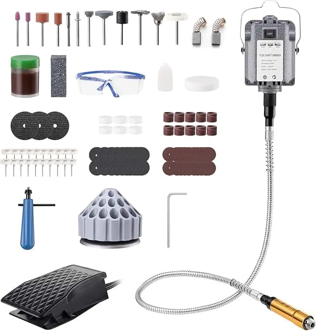 DZQ 1000W Rotary Tool Kit with 97 Accessories, Flex Shaft Grinder for Carving, Polishing, Drilling, Buffing – Hanging Rotary Tool with 1/4" Chuck & Foot Pedal