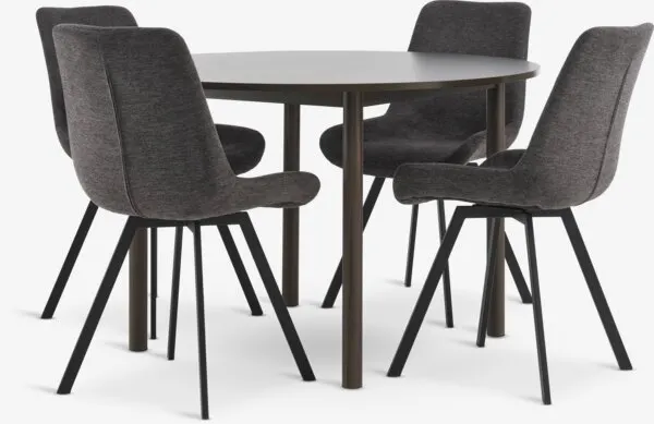 ALSTED Ø120 tafel donker eiken + 4 HYGUM stoelen grijs