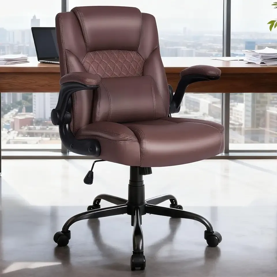 Home Office Chair with Lumbar Support, 5" Thickened Seat, Small PU Leather Rocking Desk Chair, Comfy Computer Chairs with Rolling Wheels & Adjustable Armrests for Adults, Brown