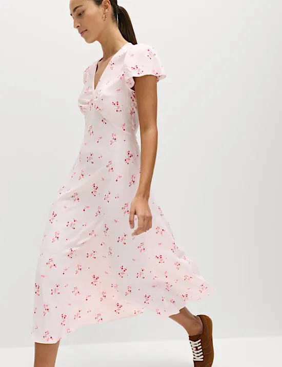 Printed V-Neck Midi Tea Dress