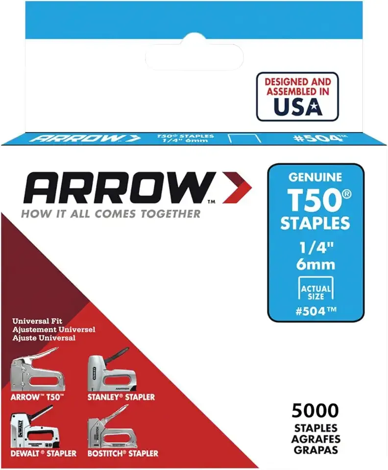 Arrow 504 T50 Heavy Duty Staples, 1/4-Inch Leg Length, 3/8-Inch Crown Width Staples for Upholstery, Construction, Furniture, Crafts, 5000-Pack