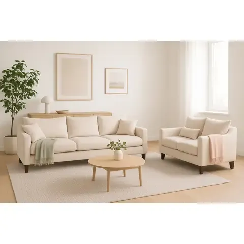 Sofá 3 y 2 Cuerpos Fiore en Tela Beige, Set para Living