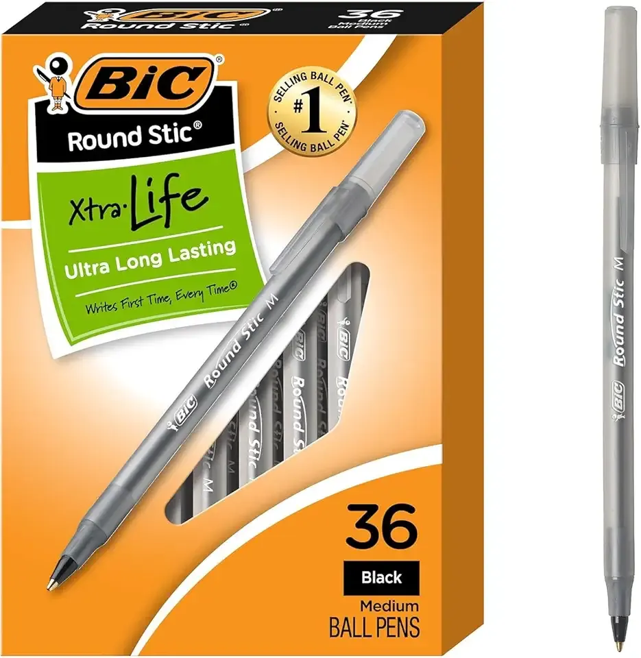 BIC Round Stic Xtra Life Black Ballpoint Pens, Medium Point (1.0mm), 36-Count Pack of Bulk Pens, Flexible Round Barrel for Writing Comfort, No. 1 Selling Ballpoint Pens
