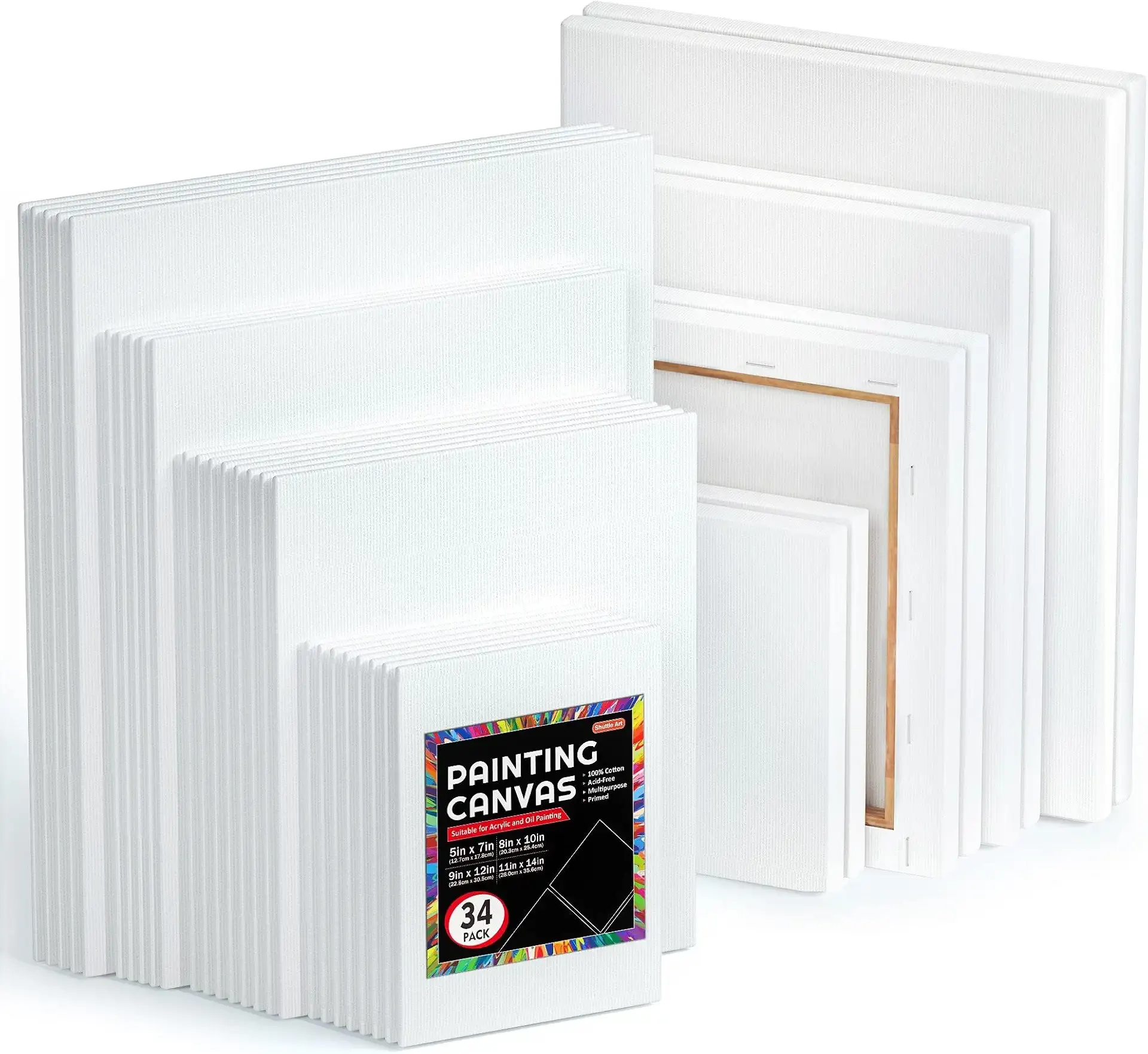 Shuttle 34-Pack Art Canvas for Painting, Multi-Size Stretched Canvas & Canvas Panels, 5x7/8x10/9x12/11x14 Inch 100% Cotton, Primed Blank Canvases, Ideal Art Supplies for Acrylic Oil Painting