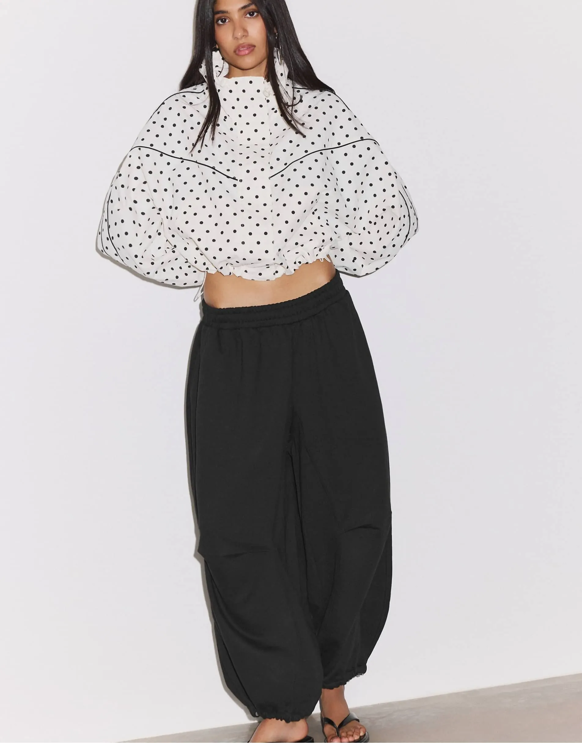Stradivarius Polka dot cropped windbreaker in ecru