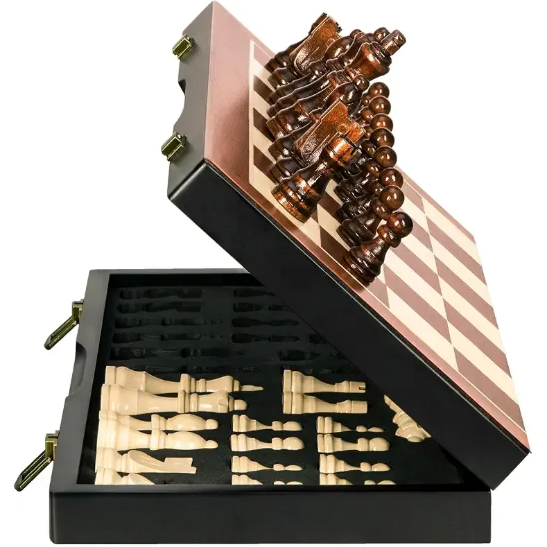 Chess Magnetic Wooden Chess Set 15" Unique Chess Board Game with Chess Pieces Storage Slots, Tournament Portable Folding Travel Chess Sets for Kids Adults Beginner and Pros, 2 Extra Queens