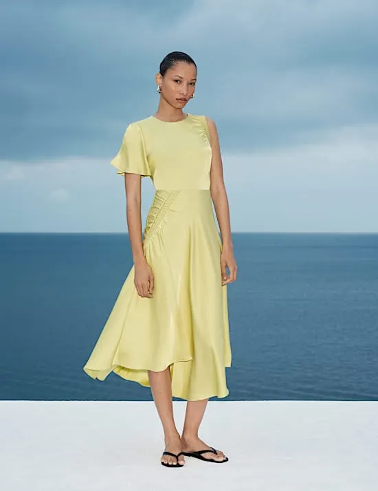 Satin Round Neck Asymmetric Midi Waisted Dress