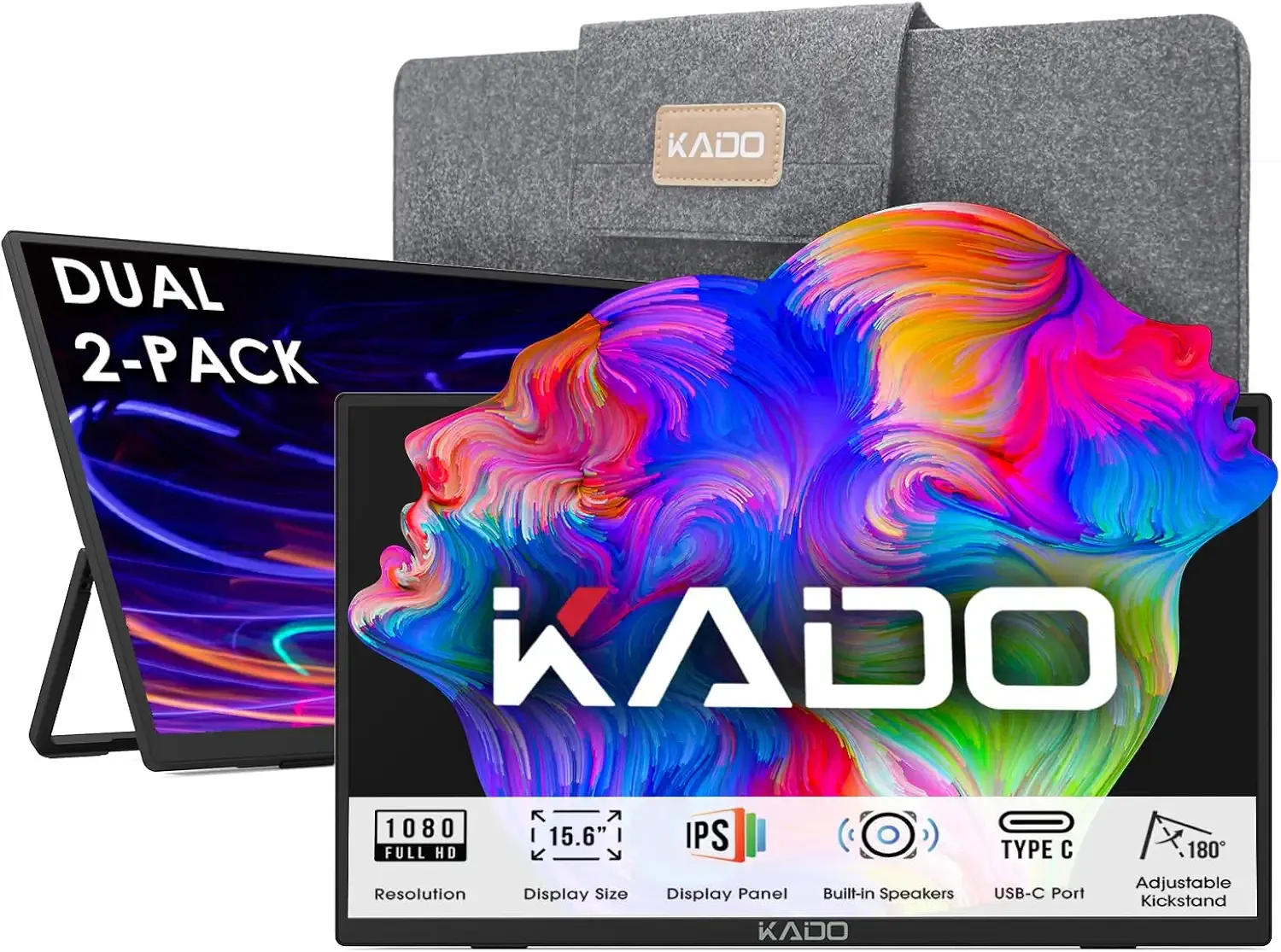 Kado Dual Portable Monitor Setup - 2-Pack 15.6-inch FHD Portable Monitor for Laptop, 1920x1080 IPS mini-HDMI USB Type-C Laptop Screen Extender Built-in Speakers, Stacked Desk Setup for Office Gaming