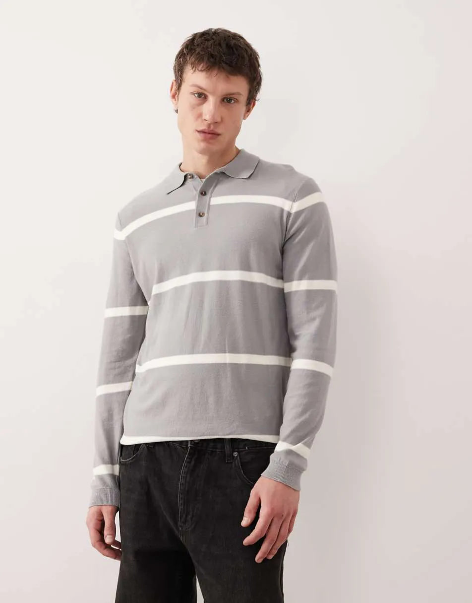 ASOS DESIGN knitted long sleeve polo shirt in grey and ecru stripe