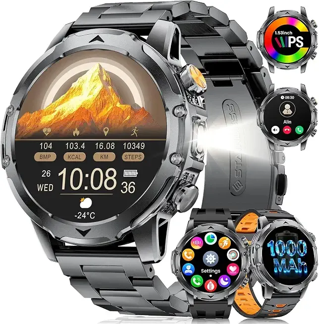 1.53'' Smart Watches for Men with 1000mAh Battery/Flashlight, Military Smart Watch with 120+ Sports Modes, Heart Rate/Sleep Monitor/IP68 Waterproof, Fitness Tracker for Android iOS, Gunmetal