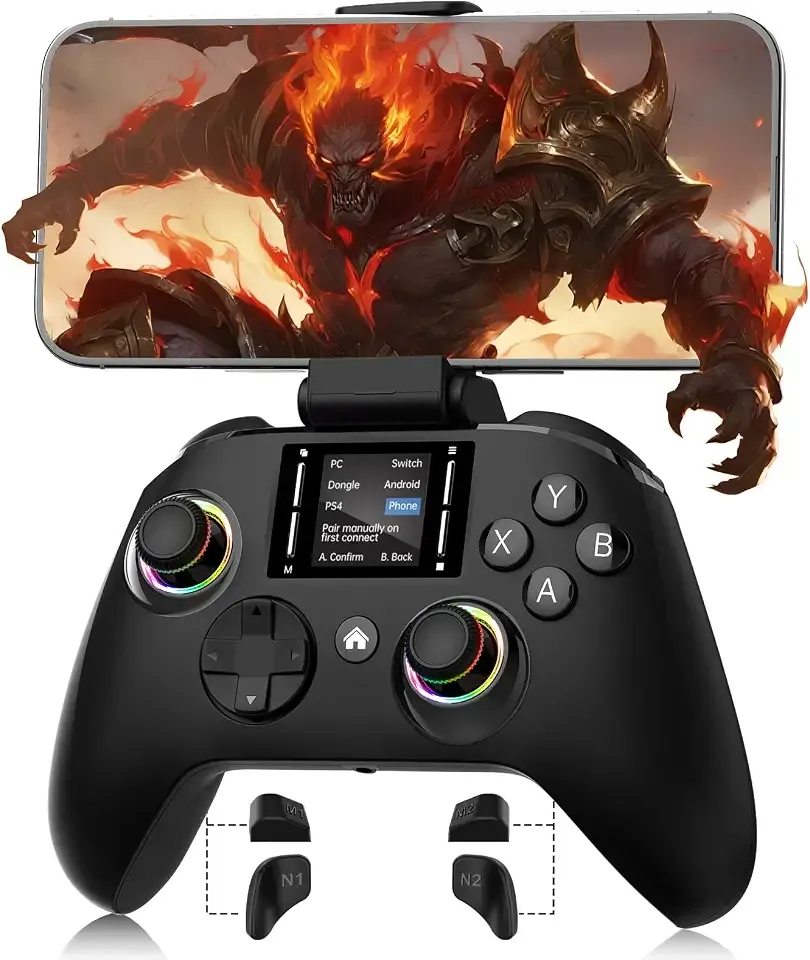 Interactive Screen Wireless Gaming Controller for PC/PS4/Switch/Android/iOS, Gamepad with Phone Clip for Gamers,4 Programmable/Turbo/6-axis Gyro/Dual Vibration/RGB Lighting/Wake-up/Share/Wake-up