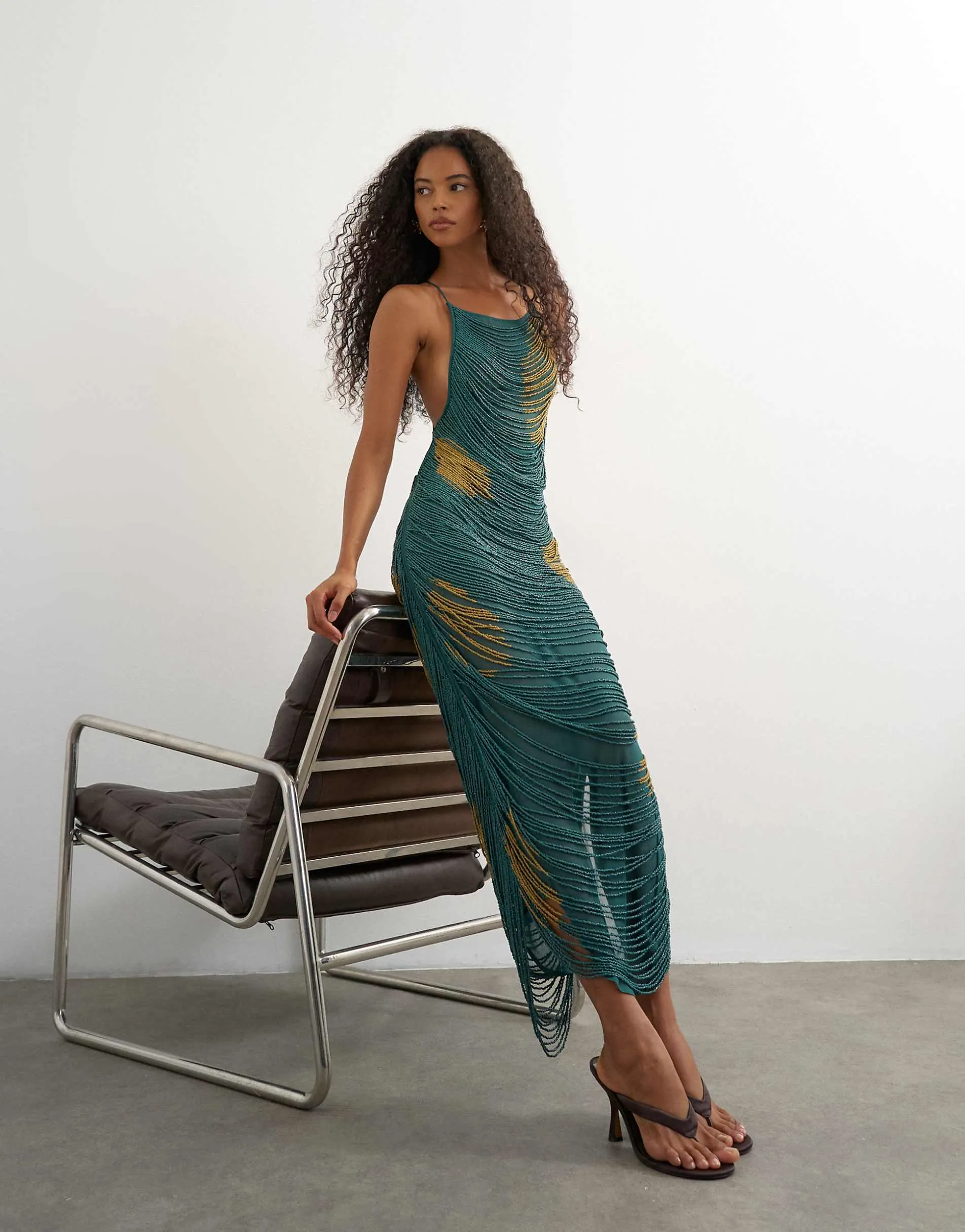 Topshop premium heavily embellished fringed maxi dress in teal polka dot