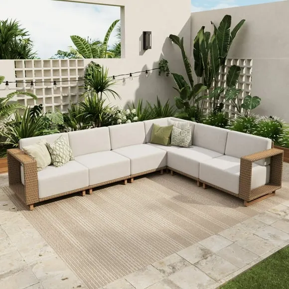 Sophia & William 6 Pieces Wicker Patio Furniture Set 6-Seat Outdoor Cushioned Conversation Set, Yellow-Brown & Beige