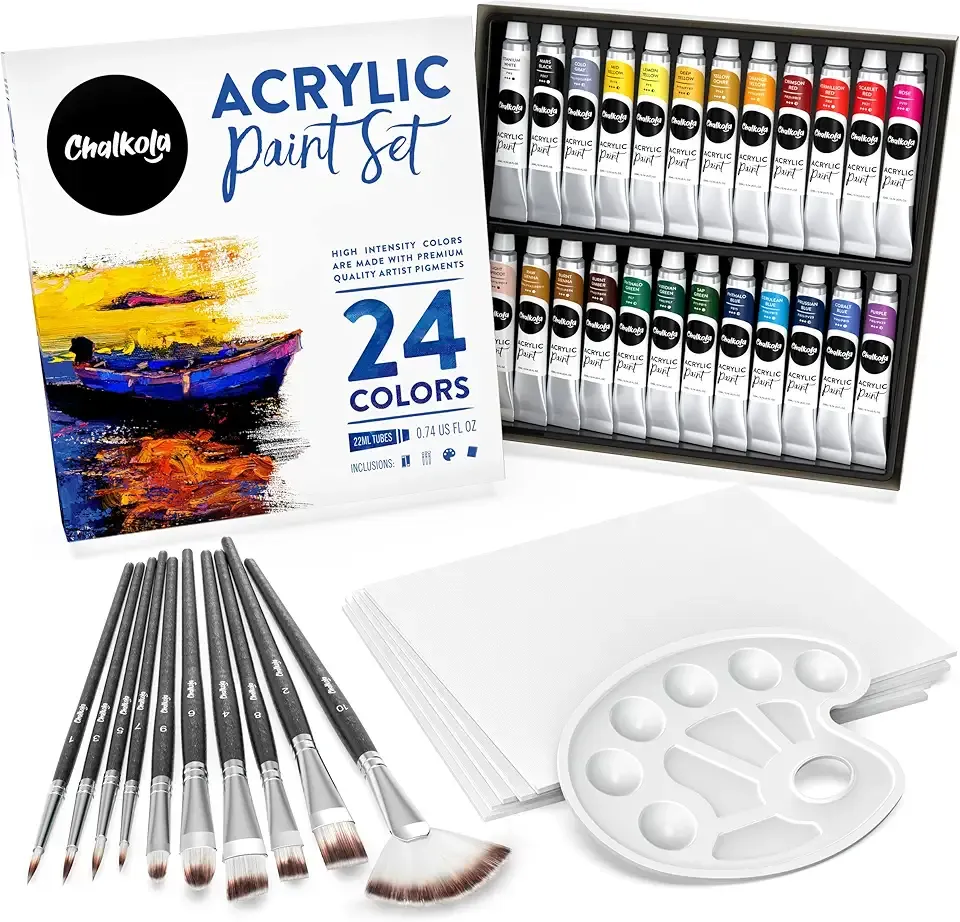Chalkola 40 Acrylic Paint Set for Adults with 24 Acrylic Paints kit (22ml), 10 Painting Brushes, 5 Canvas for Painting (8x10) & 1 Palette