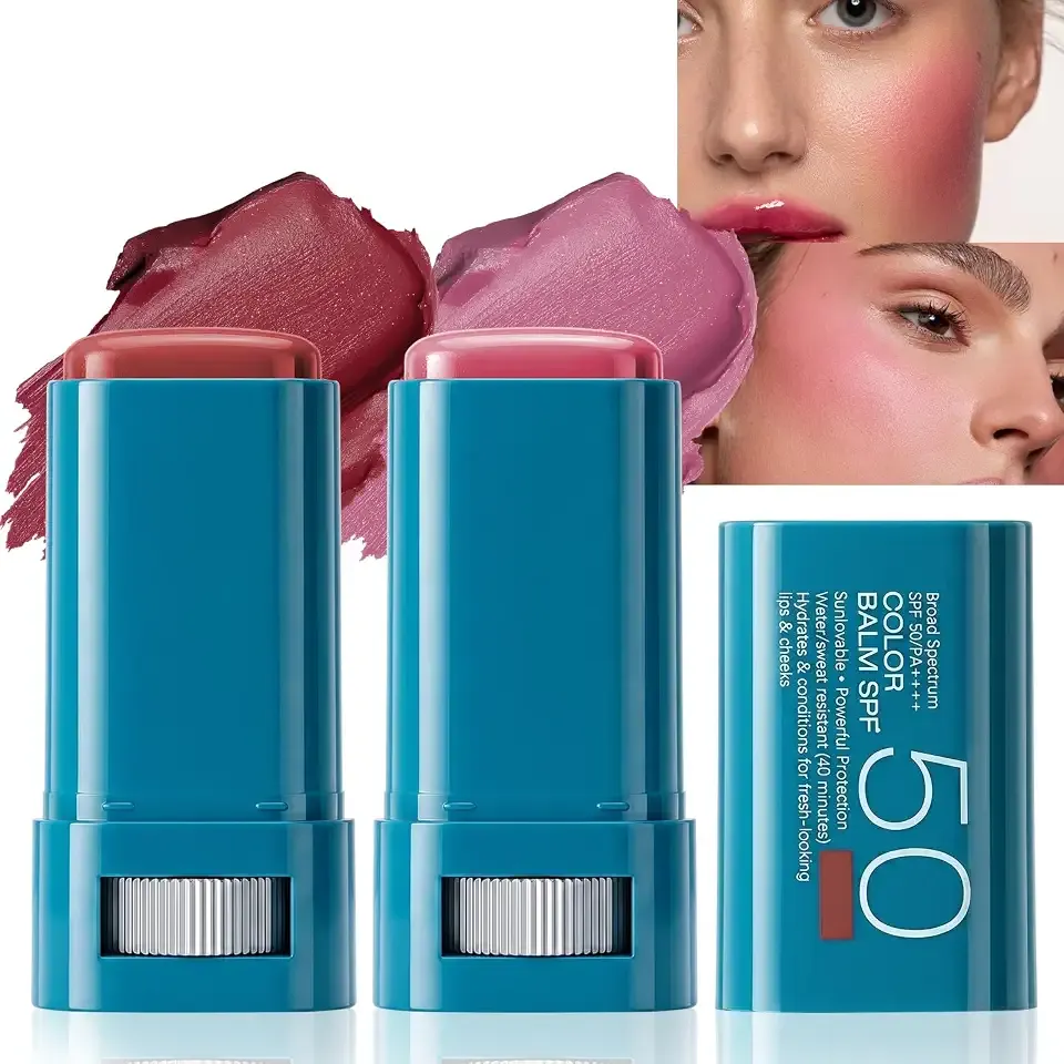 2PCS SPF50 Sunscreen Cream Blush Stick for Cheek & Lip SPF Color Balm