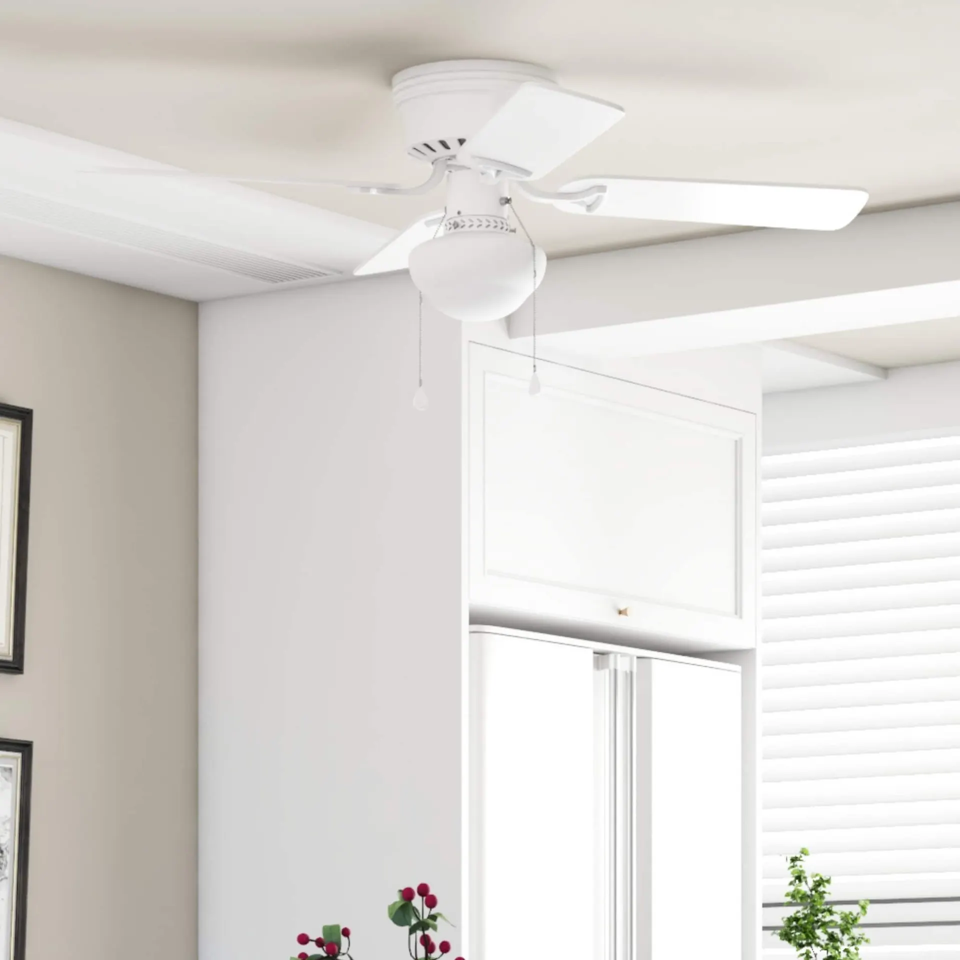 Harbor Breeze Armitage 42-in White with White/blonde Blades Flush Mount Ceiling Fan With Light and Pull Chain Included 4 -Blade