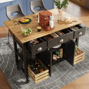 Moderna Isla de Cocina MDF Negra - Aparador, Carro y Mesa Ajustable con Cesta de Pino