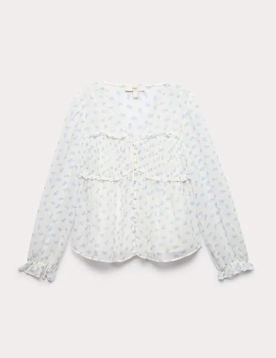 V-Neck Ruffle Detail Long Sleeve Blouse