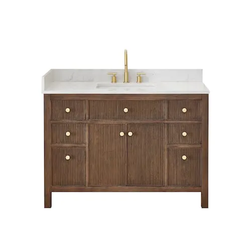 Cerrito 48"W x 22"D Single Vanity Set,Brown Brushed Oak with White Engineered Stone Top no Mirror