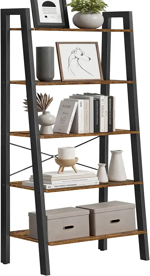 Ladder Shelf, 5-Tier Bookshelf, Storage Rack, Bookcase with Steel Frame, for Living Room, Home Office, Kitchen, Bedroom, Industrial Style, Rustic Brown and Ink Black ULLS45X