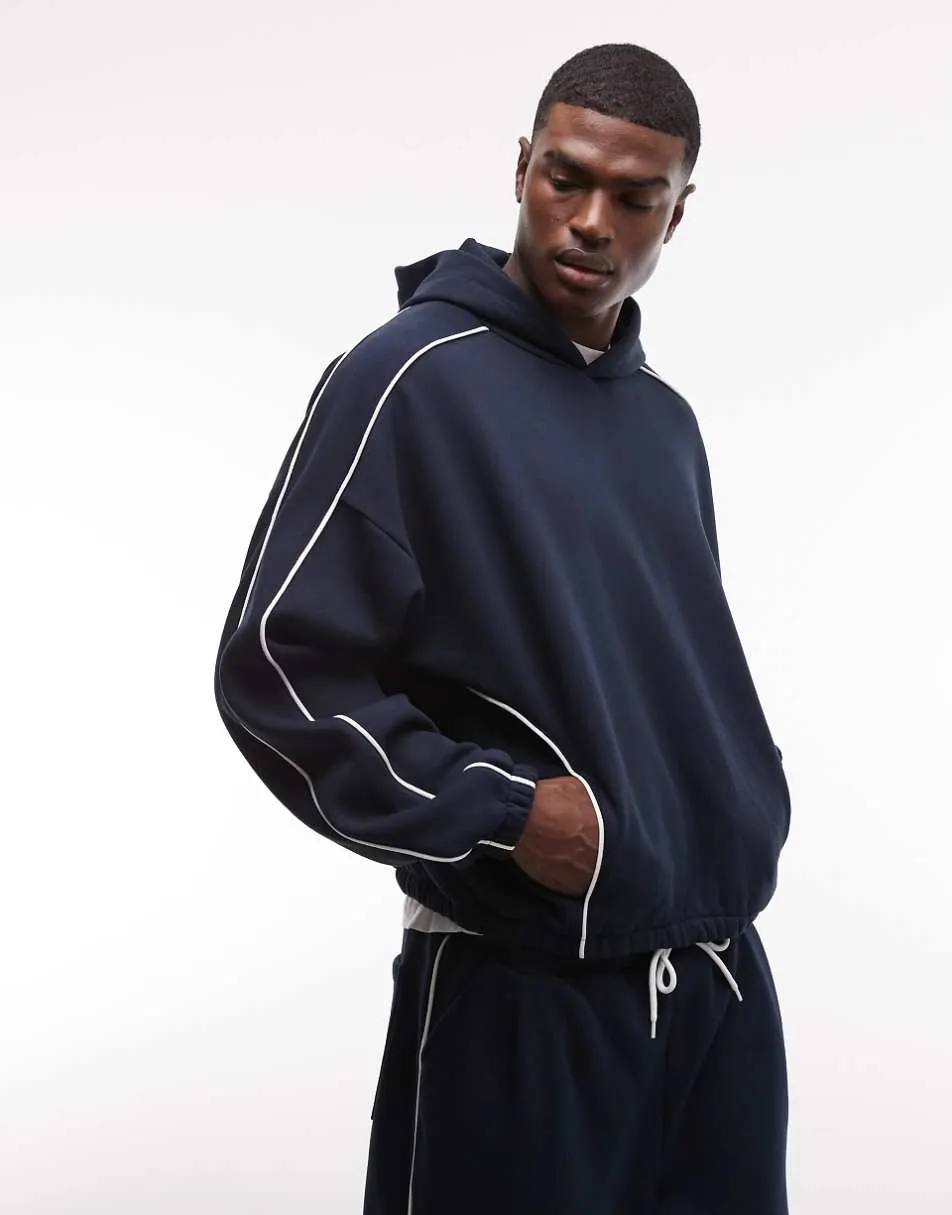 ASOS DESIGN co-ord extreme oversized boxy hoodie with piping in navy