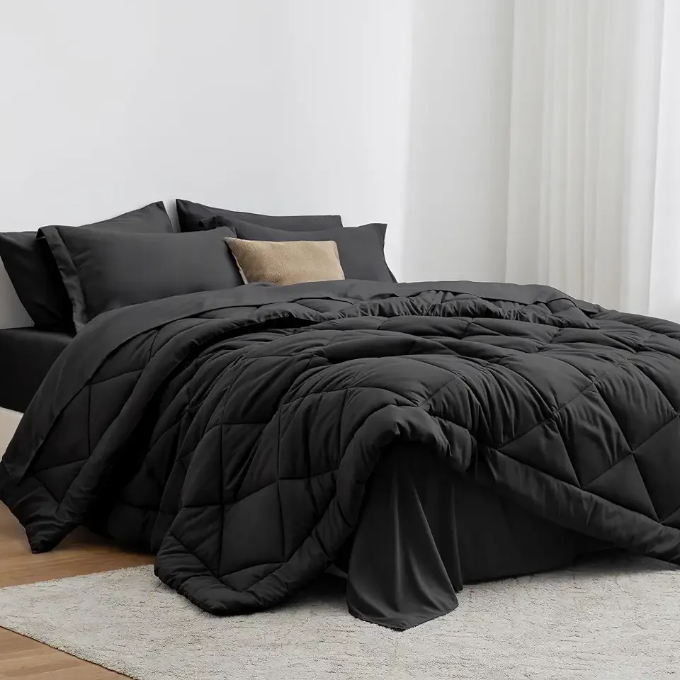 Love's cabin King Size Comforter Set Black, 7 Pieces King Bed in a Bag, All Season Bedding Sets with 1 Comforter, 1 Flat Sheet, 1 Fitted Sheet, 2 Pillowcase and 2 Pillow Sham