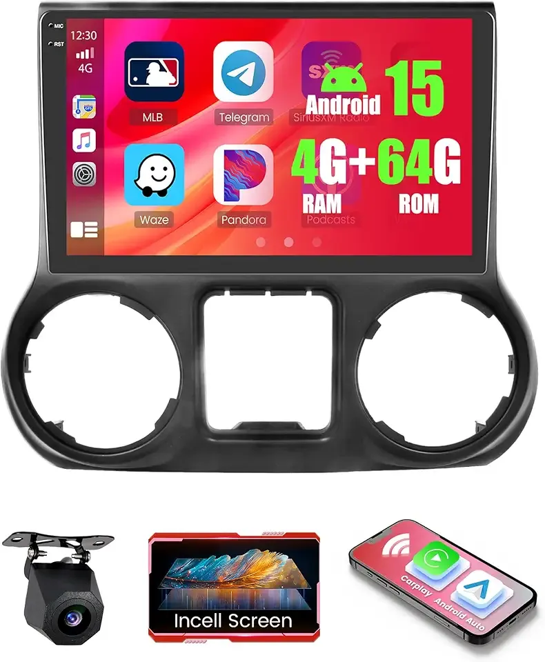 4+64GB Android 15 Car Radio for Jeep Wrangler 2011-2014 Wireless Carplay Android Auto, 10" 1280 * 727P in-Cell Touch Screen Car Stereo WiFi Bluetooth GPS FM/RDS Backup Camera MIC