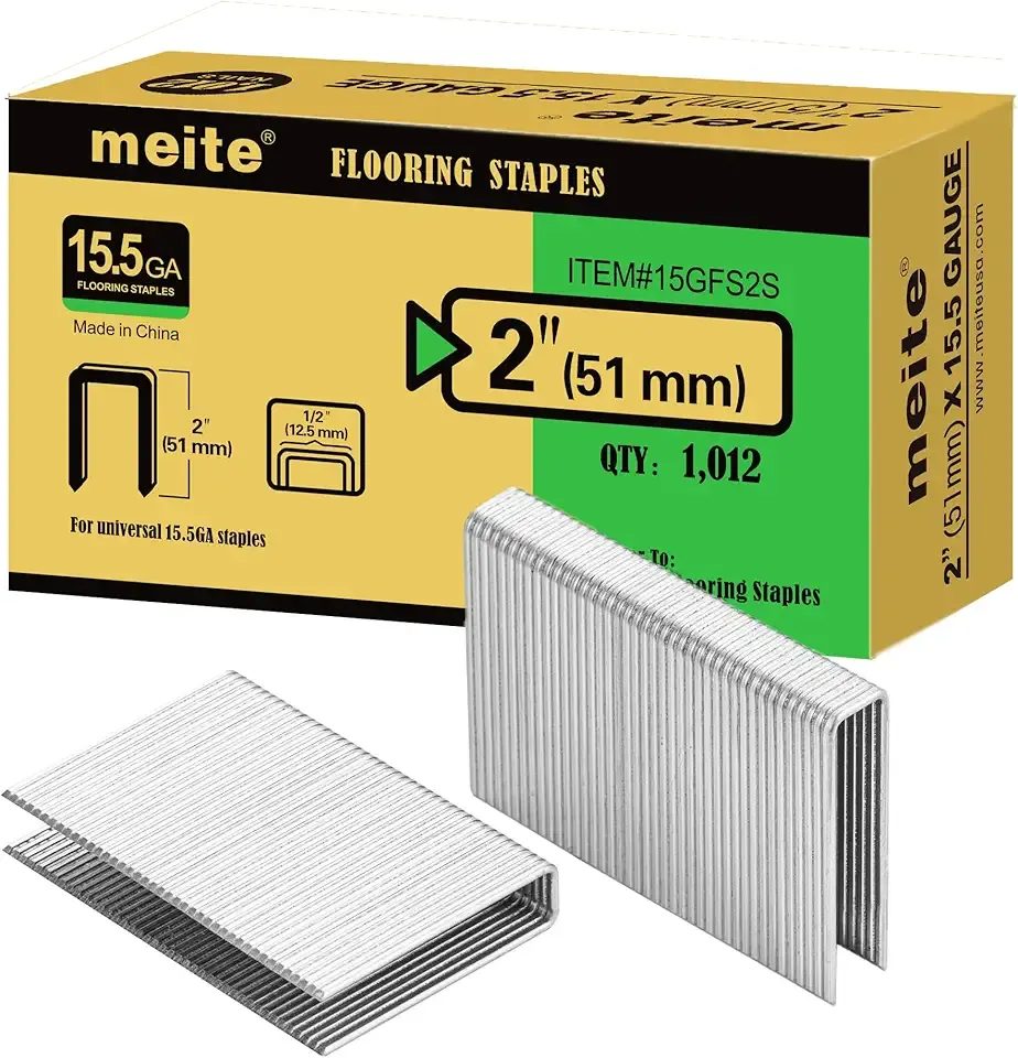 meite 15.5 Gauge Flooring Staples, 2-Inch Length 1/2-Inch Crown Hardwood Floor Staples Collated Galvanized Flooring Staples (1,012 Counts)