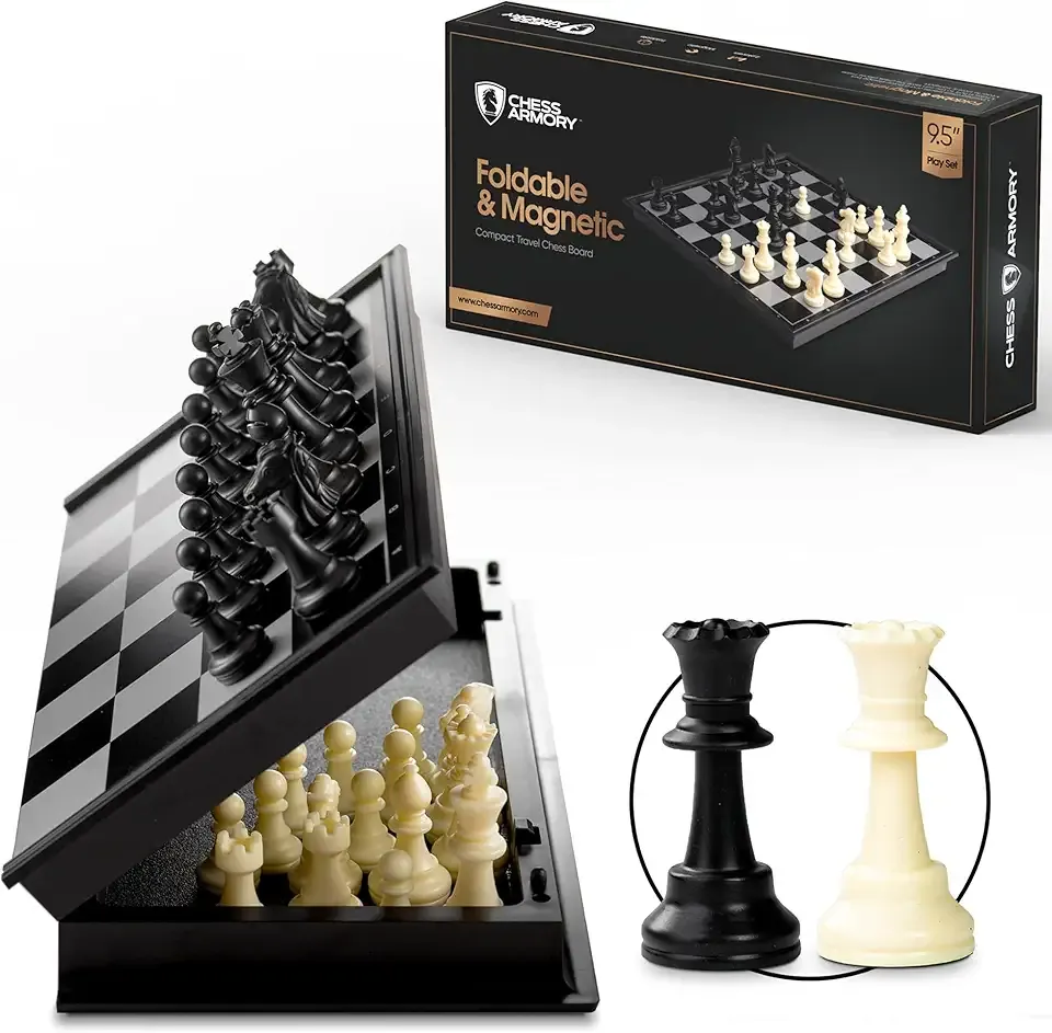 Chess Armory Magnetic 9.5 Inches Travel Chess Set - Folding Board with Storage Box & 2 Extra Queen.
