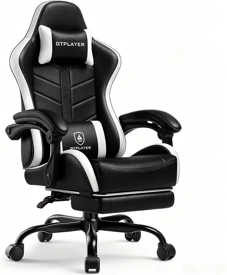 GTPLAYER Gaming Chair for Adults, Ergonomic Computer Gaming Chair with Footrest, Height Adjustable, 90-155° Recline & Removable Headrest Lumbar Support, Snow White