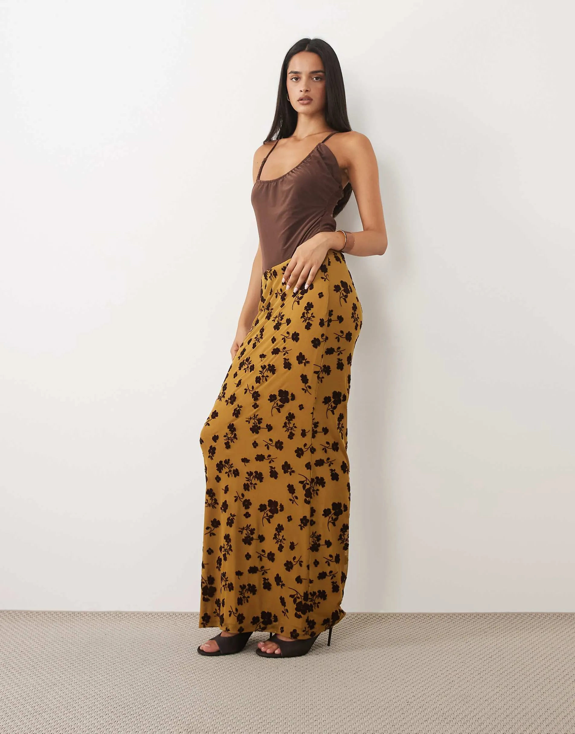 ASOS DESIGN flocked mesh low rise co ord maxi skirt