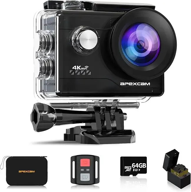 Apexcam Action Camera 4K with 64G SD Card Sports Cameras 20MP 131FT Waterproof Underwater Camera WiFi Cameras with 2.4G Remote Control, 2 Batteries, Mounting Accessories Kits