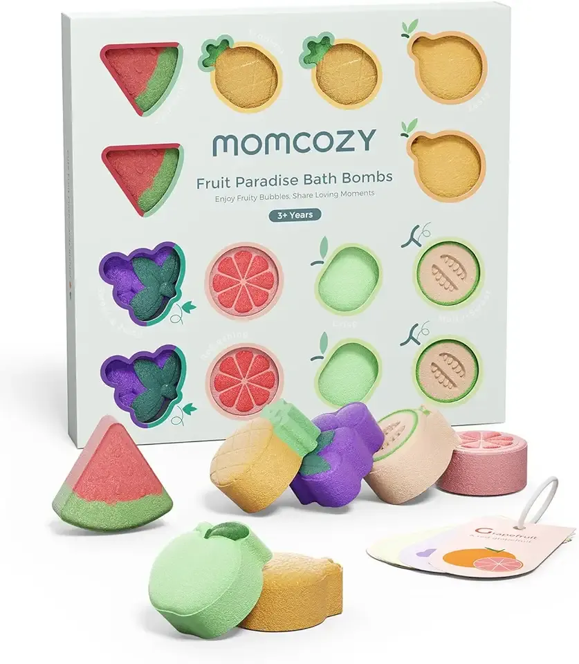 Momcozy 14-Pack Fruit Bath Bombs with Essential Oil, Ideal Christmas Gift for Happy Educational & Fun Bath Time, Bath Bombs Kit with 7 Cute Fruit Shapes, Ideal Gifts for Kids Girls Boys Toddlers