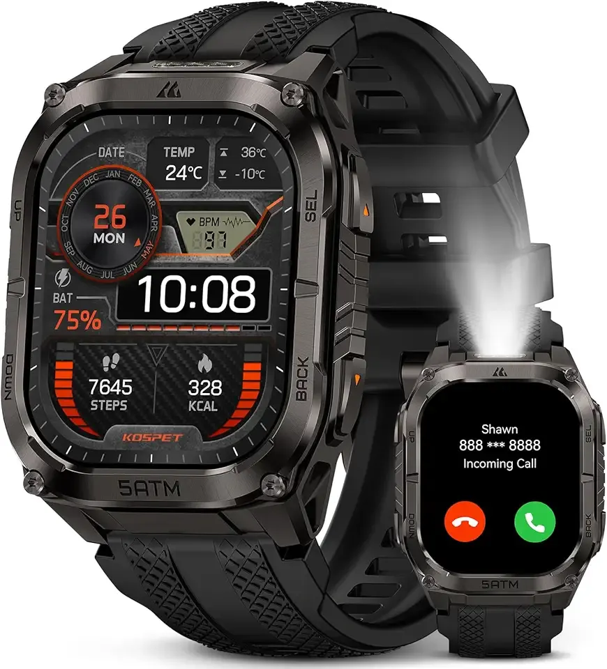 KOSPET Tank M4C Outdoor Smart Watch with GPS, 1.96" AMOLED Display, Built-in LED Flashlight & Walkie-Talkie, Long Battery Life, 50m Waterproof, Bluetooth Calls, 24/7 Heart Rate/Sleep Monitor