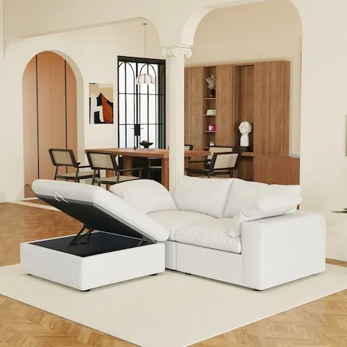 Magic Home 79 in. White Linen Loveseat Sectional Sofa with Washable Covers, Storage Ottoman, Down-Filled Cushions