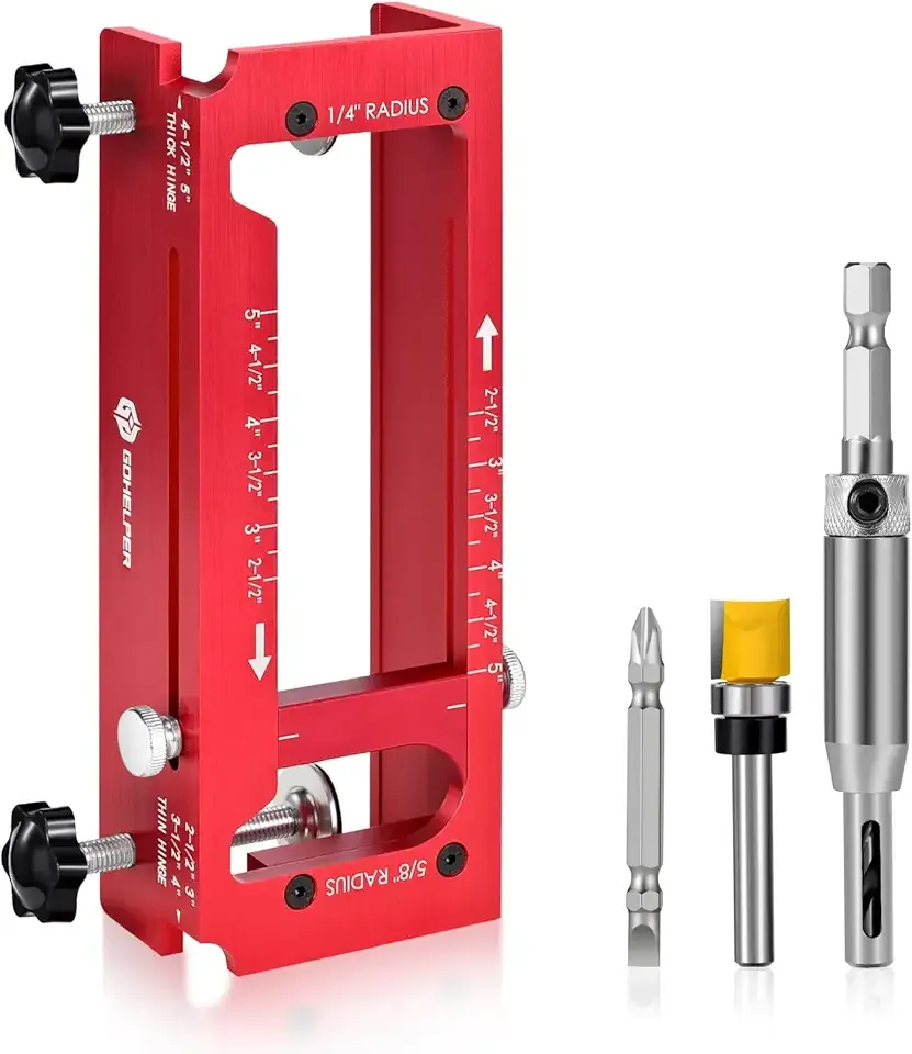 Door Hinge Jig, Aluminum Alloy Door Hinge Template Kit for Router, Adjustable Mortise Jig Fits Door Hinges from 2.5" to 5" Length and Thicknesses, 1/4" Radius, 5/8" Radius and Square Corner Types