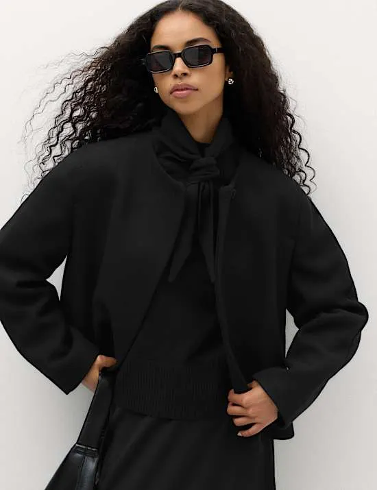 Jacke mit durchgehender Knopfleiste und Wollanteil ohne Kragen