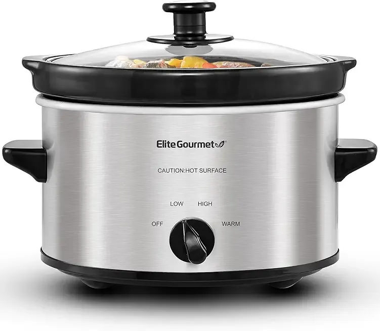 Elite Gourmet MST-275XS Electric Oval Slow Cooker, Adjustable Temp, Entrees, Sauces, Stews & Dips, Dishwasher Safe Glass Lid & Crock (2 Quart, Stainless Steel)