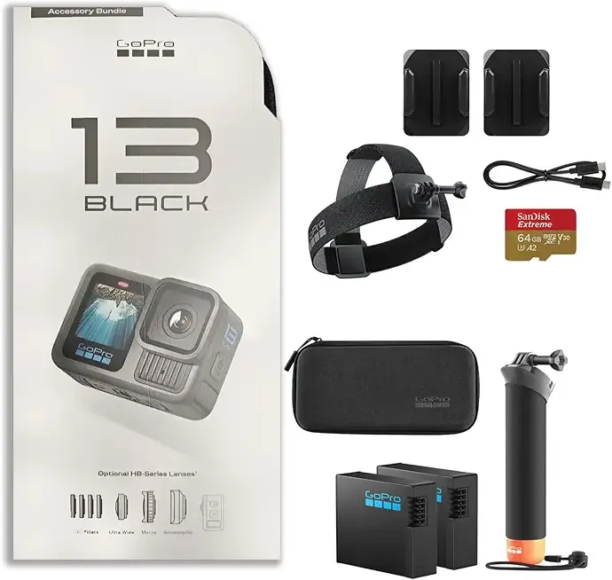 Hero13 Black 27MP Waterproof Action Camera - Special Accessory Bundle | 5.3K60 Ultra HD Video w/Handler, 2 Enduro 1900mAh Batteries, 64GB Extreme microSDXC Memory Card and Head Strap 2.0