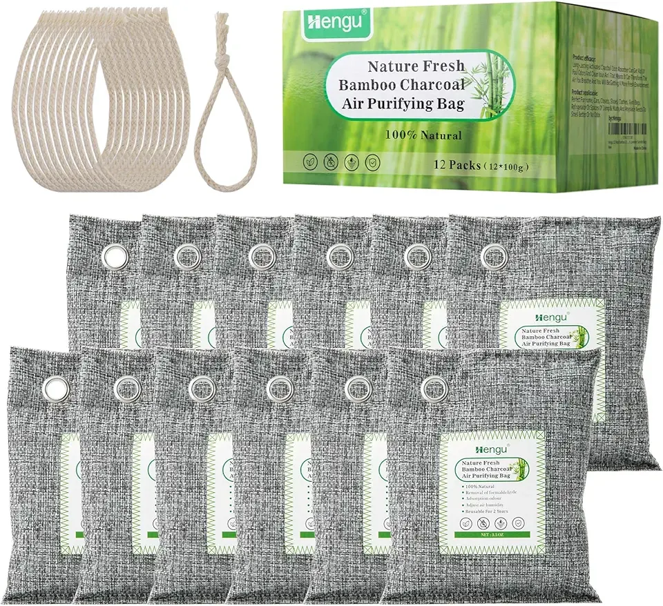 Activated Charcoal Odor Absorber (Large, 12 Pack, 100g each), Natural Charcoal Bags Odor Absorber Bamboo Charcoal Air Purifying Bag for Home, Fridge, Cabinet
