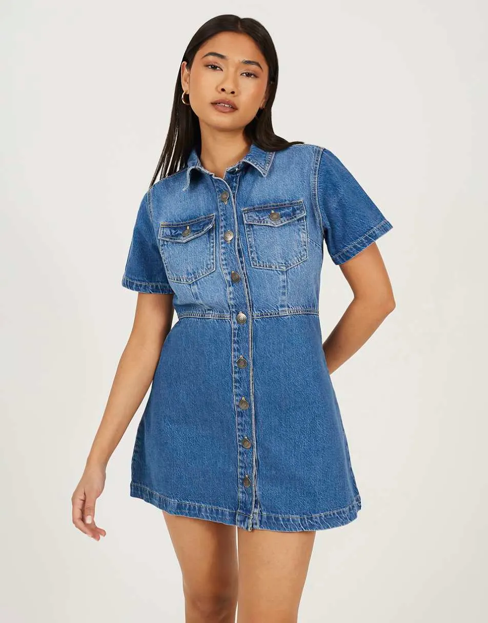 Brave Soul Collared a-line denim mini dress in mid blue