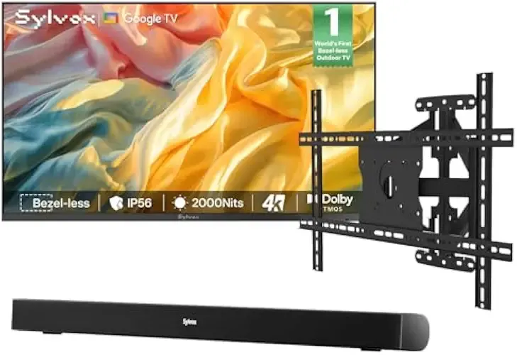 SYLVOX Outdoor TV with Wall Mount & Soundbar, 75" Full Sun TV 2000 Nits, Ultra-Narrow Bezel, 4K Smart Television, IP56 Waterproof, Dual Speakers, for Poolside, Yard, Business (Frameless Pro Series)