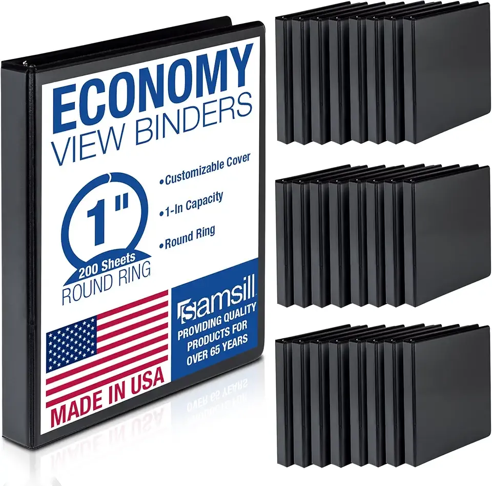 Samsill 1 Inch 3 Ring Binders, Economy Round Ring, Clear View Cover, 200 Sheet Capacity - for School, Home, Office - Black, 24 Pack