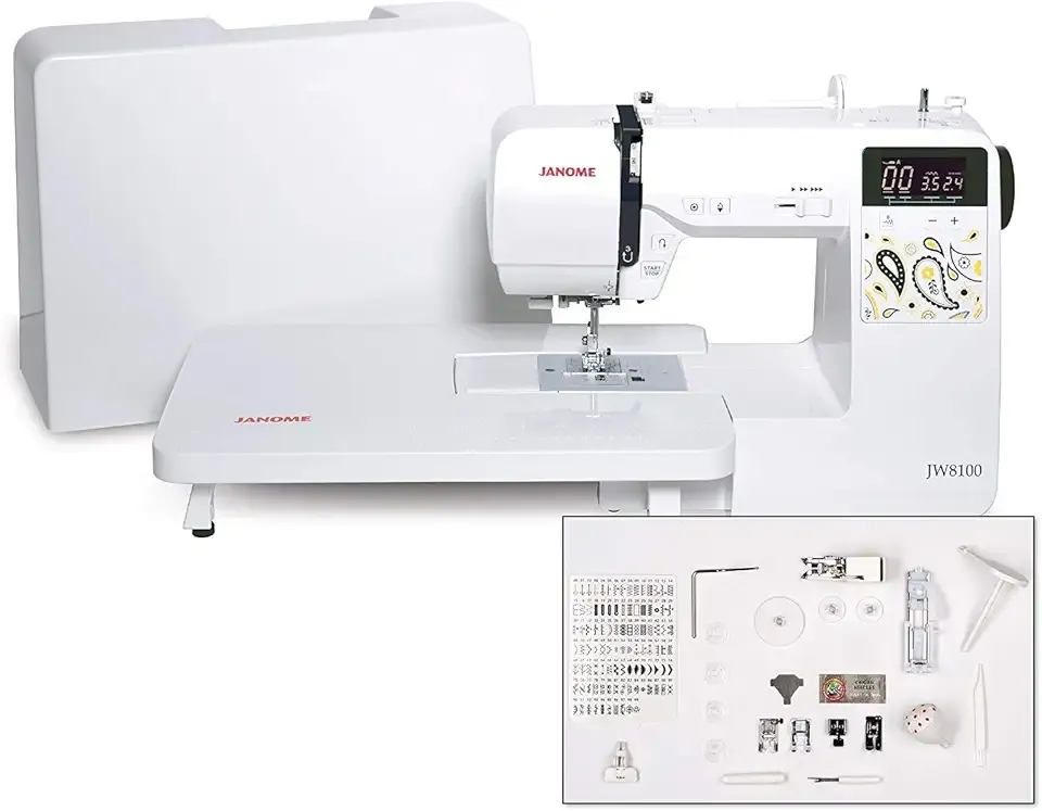 Janome JW8100 Fully-Featured Computerized Sewing Machine with 100 Stitches, 7 Buttonholes, Hard Cover, Extension Table and 22 Accessories