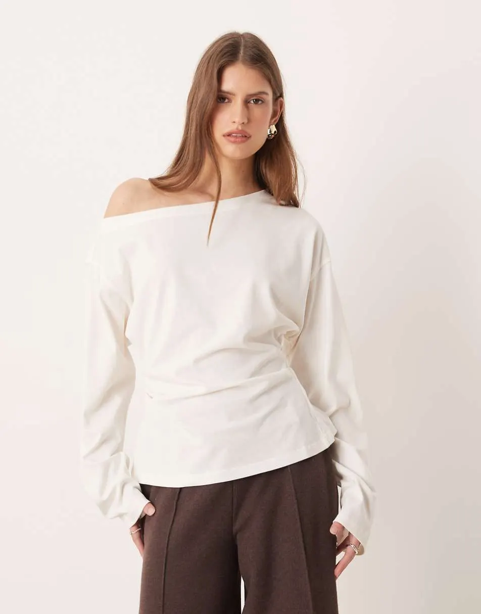 ASOS DESIGN long sleeve off shoulder corset waist tee in cream