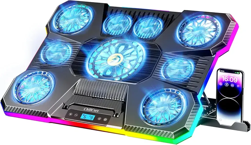 ChillCore Laptop Cooling Pad, RGB Lights Laptop Cooler 9 Fans for 15.6-19.3 Inch Laptops, Gaming Laptop Fan Cooling Pad with 8 Height Stands, 2 USB Ports - A21 Blue