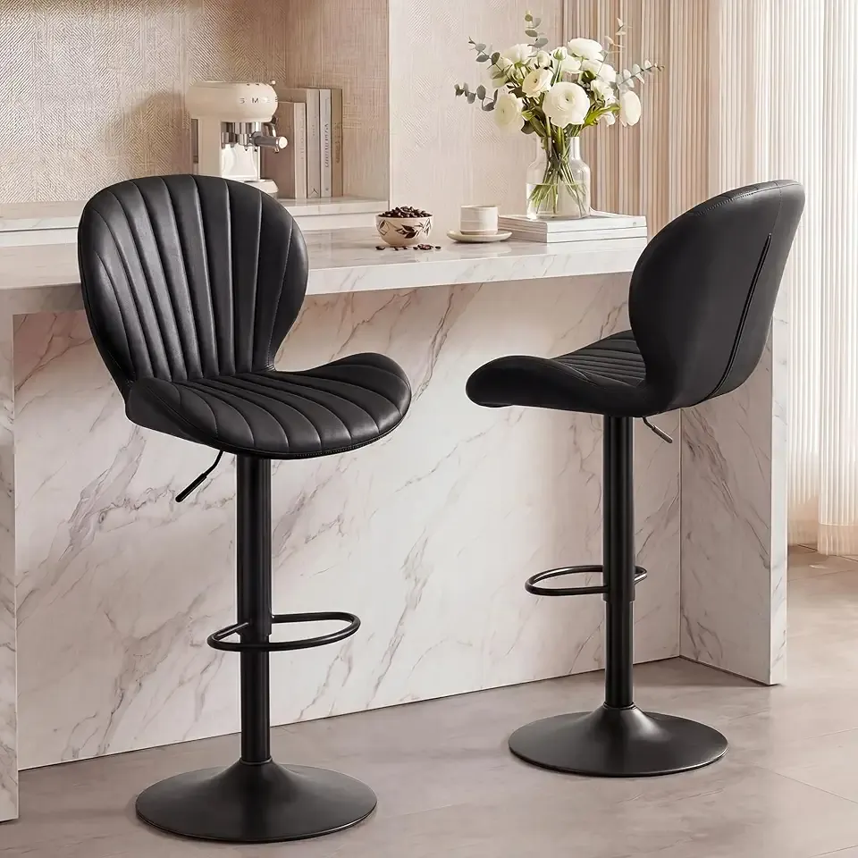 GRUSIGN Bar Stools Set of 2, Modern Swivel Adjustable Bar Chairs, Faux Leather Upholstered Counter Height Bar Stools with Backrest, Comfort Barstools for Kitchen Island, Pub Table, Home Bar, Black