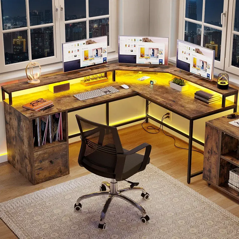YITAHOME L Shaped Desk with Power Outlets & LED Lights, 67" Computer Desk with File Drawer, Corner Desk Home Office Desk with Monitor Stand & 3 Cubbies Storage Shelves, Brown