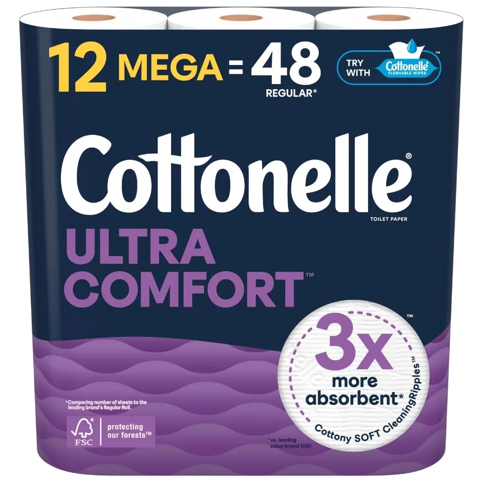 Cottonelle Ultra Comfort Toilet Paper, Strong Toilet Tissue, 12 Mega Rolls (12 Mega Rolls = 48 Regular Rolls), 244 Sheets Per Roll